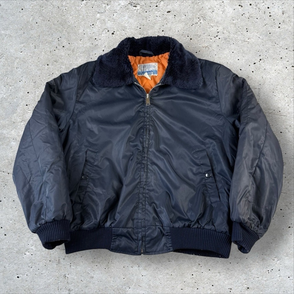 Vtg 70s Sears Work Leisure Bomber Flight Jacket Large Navy Blue‎ Faux Fur Collar